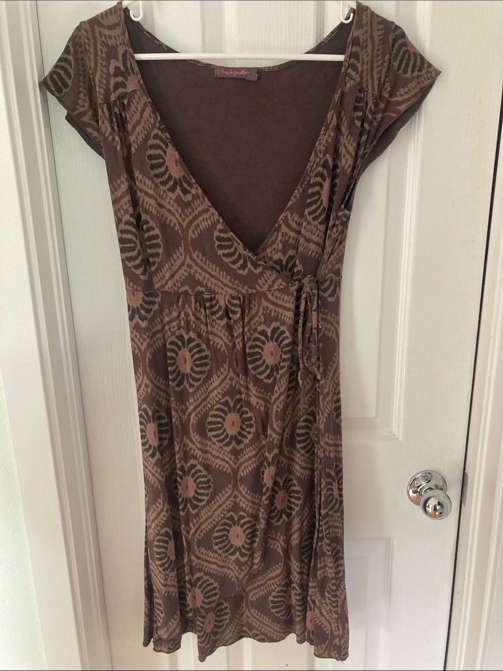 fresh produce Brown Patterned Wrap  Dress with Pink Accents